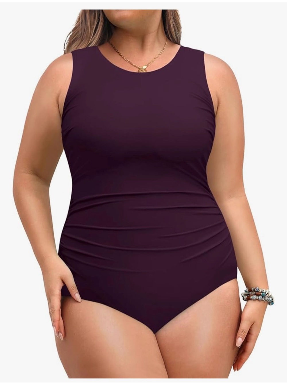 Plus-Size Sleeveless One-Piece Swimsuit in Deep Plum